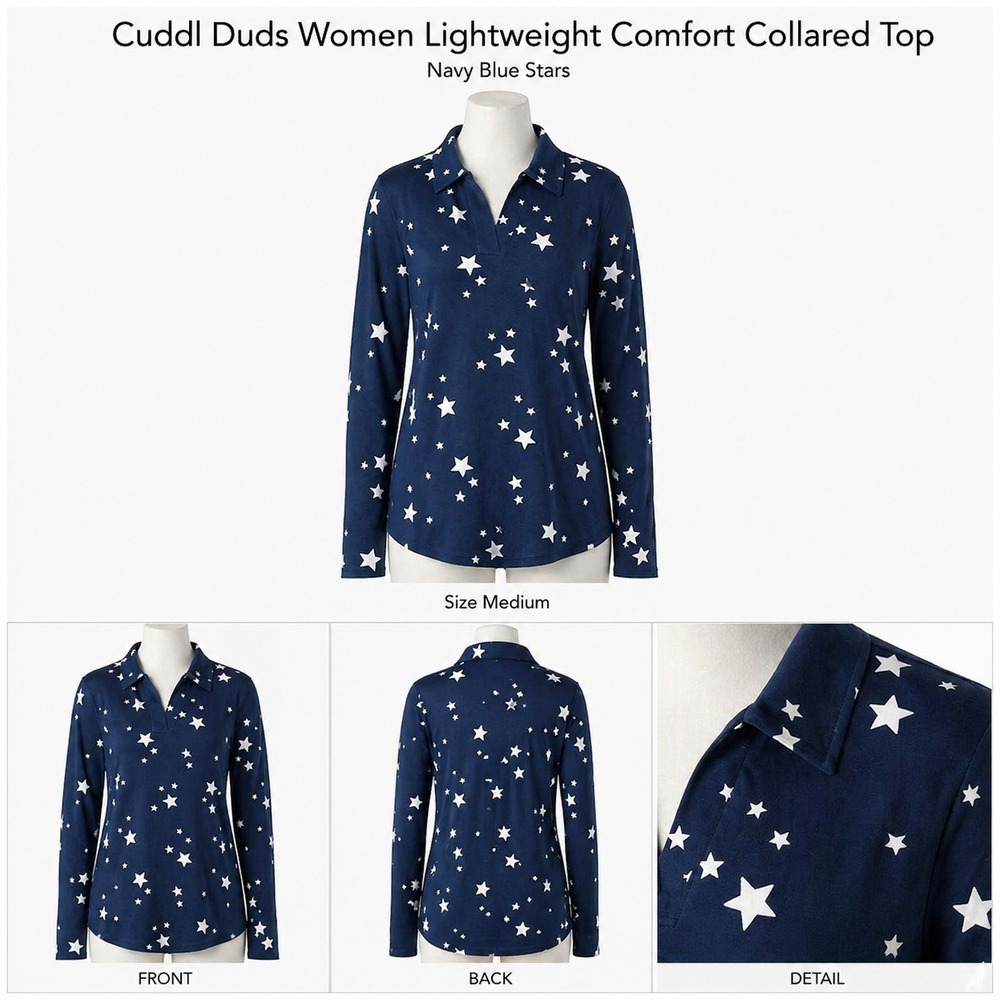 Cuddl Duds Womens Medium Lightweight Comfort Collared Pullover Navy Blue Stars